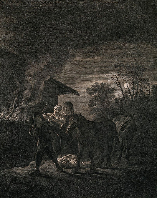 A nocturnal scene with a stable on fire and a stablemate, vintage artwork by Cornelis Visscher, 12x8" (A4) Poster