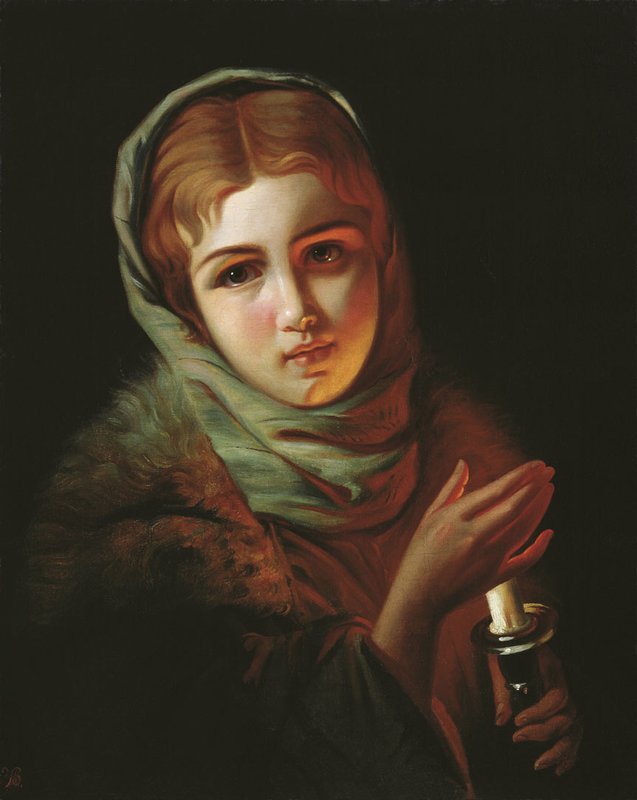 Girl with a Candle, vintage artwork by Pavel Brulloff, 12x8" (A4) Poster