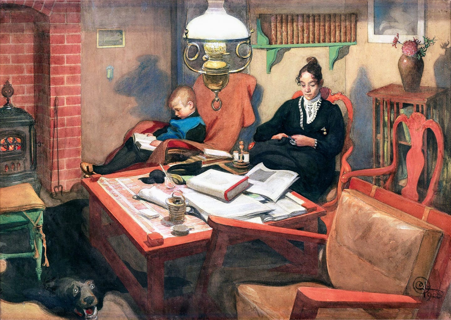 by  the night lamp, vintage artwork by Carl Larsson, 12x8" (A4) Poster