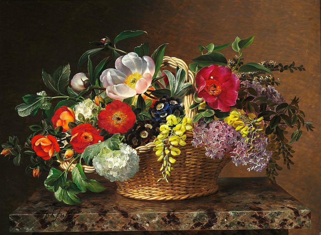 Primulas, lilacs, dog roses, laburnums and peonies in a basket on a marble pedestal, vintage artwork by Johan Laurentz (J.L.) Jensen, A3 (16x12") Poster Print