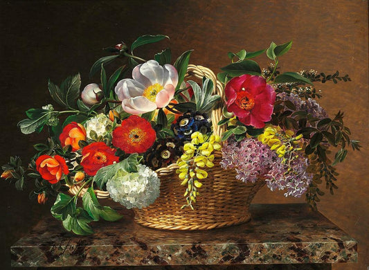 Primulas, lilacs, dog roses, laburnums and peonies in a basket on a marble pedestal, vintage artwork by Johan Laurentz (J.L.) Jensen, A3 (16x12") Poster Print