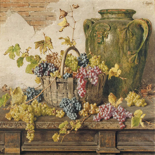 A basket of grapes by  an amphor on a wooden table, vintage artwork by Giorgio Lucchesi, 12x8" (A4) Poster