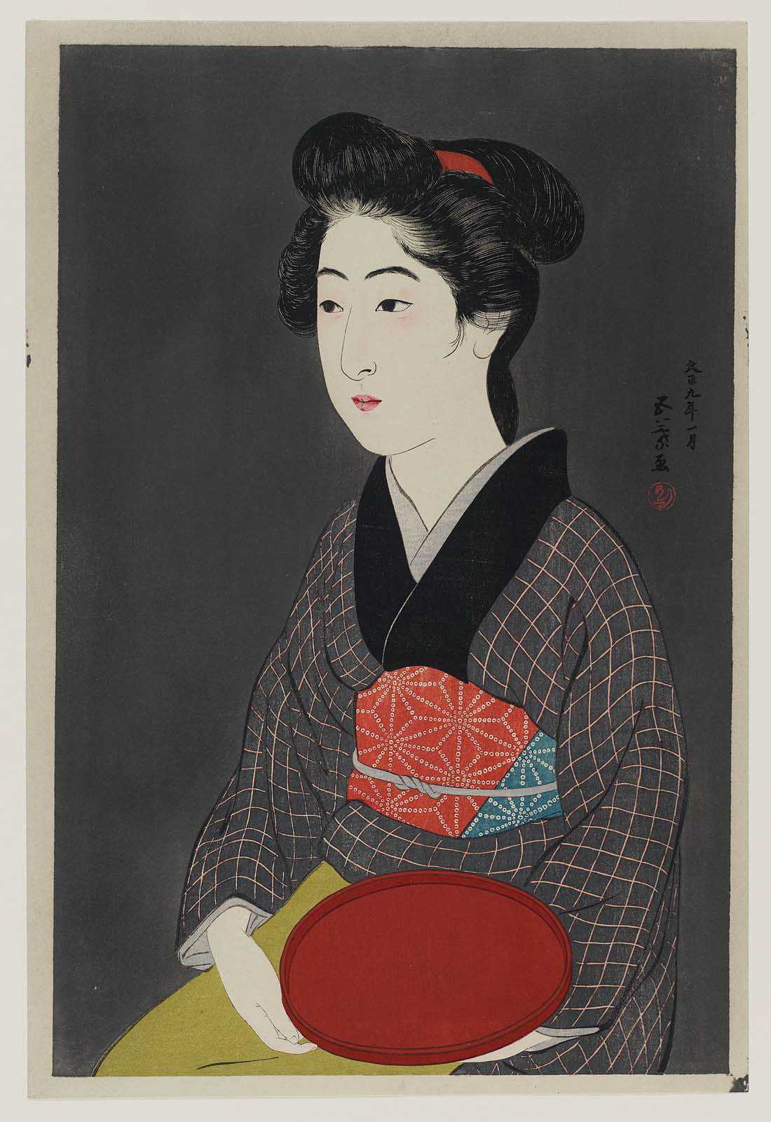 Woman Holding a Tray, vintage artwork by Goyō Hashiguchi, 12x8" (A4) Poster