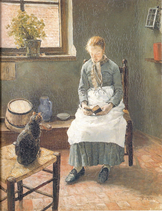 A Reading Girl with a Cat, vintage artwork by Fritz von Uhde, 12x8" (A4) Poster