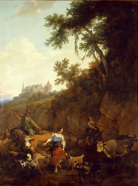Landscape with Bentheim Castle in Background, vintage artwork by Nicolaes Berchem, 12x8" (A4) Poster