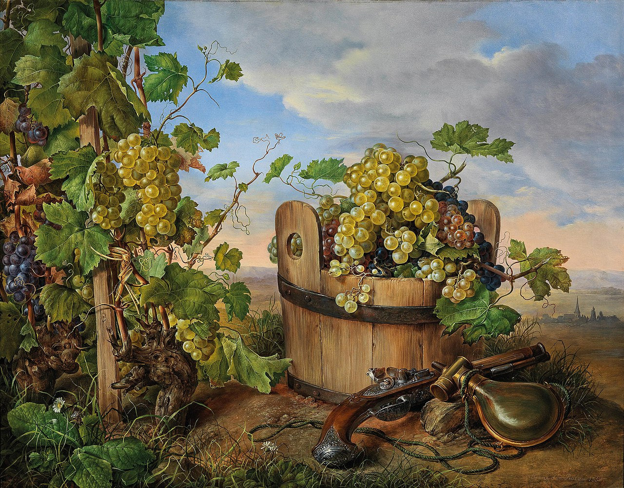 Still life with grapes, pistol and powder bottle, vintage artwork by Franz Xavier Petter, A3 (16x12") Poster Print