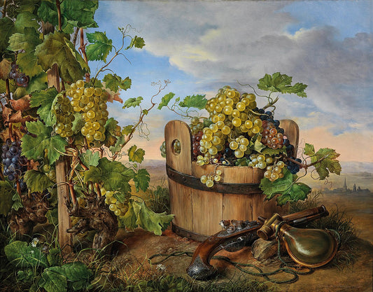 Still life with grapes, pistol and powder bottle, vintage artwork by Franz Xavier Petter, A3 (16x12") Poster Print