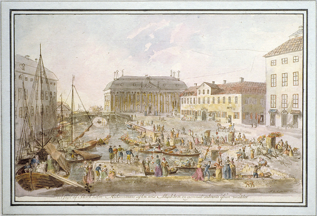 Midsummer celebrations at Munkbron in the Old Town in Stockholm, vintage artwork by Elias Martin, 12x8" (A4) Poster