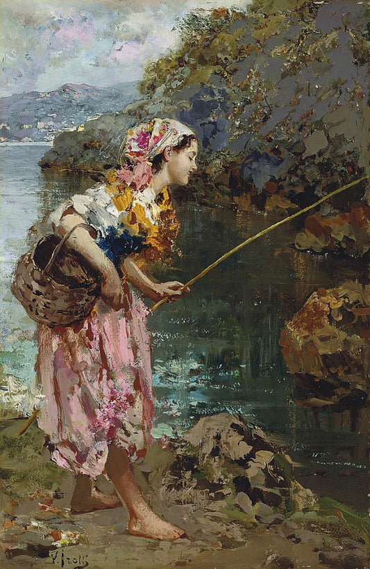 The fisher girl, vintage artwork by Vincenzo Irolli, 12x8" (A4) Poster