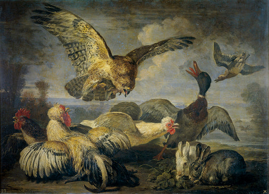 Poultry and rabbits attacked by  a bird of prey, vintage artwork by David de Coninck, 12x8" (A4) Poster
