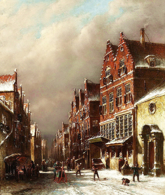Figures in a Dutch street in Winter, vintage artwork by Petrus Gerardus Vertin, A3 (16x12") Poster Print