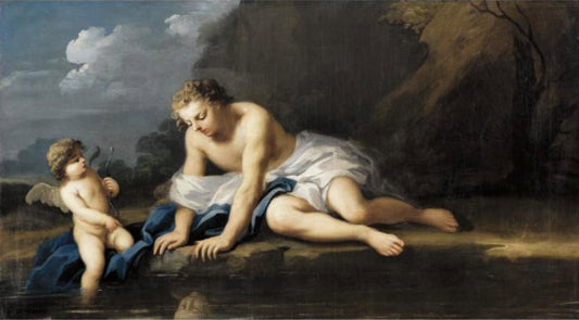 Narcissus and Cupid, vintage artwork by Jacopo Amigoni, 12x8" (A4) Poster