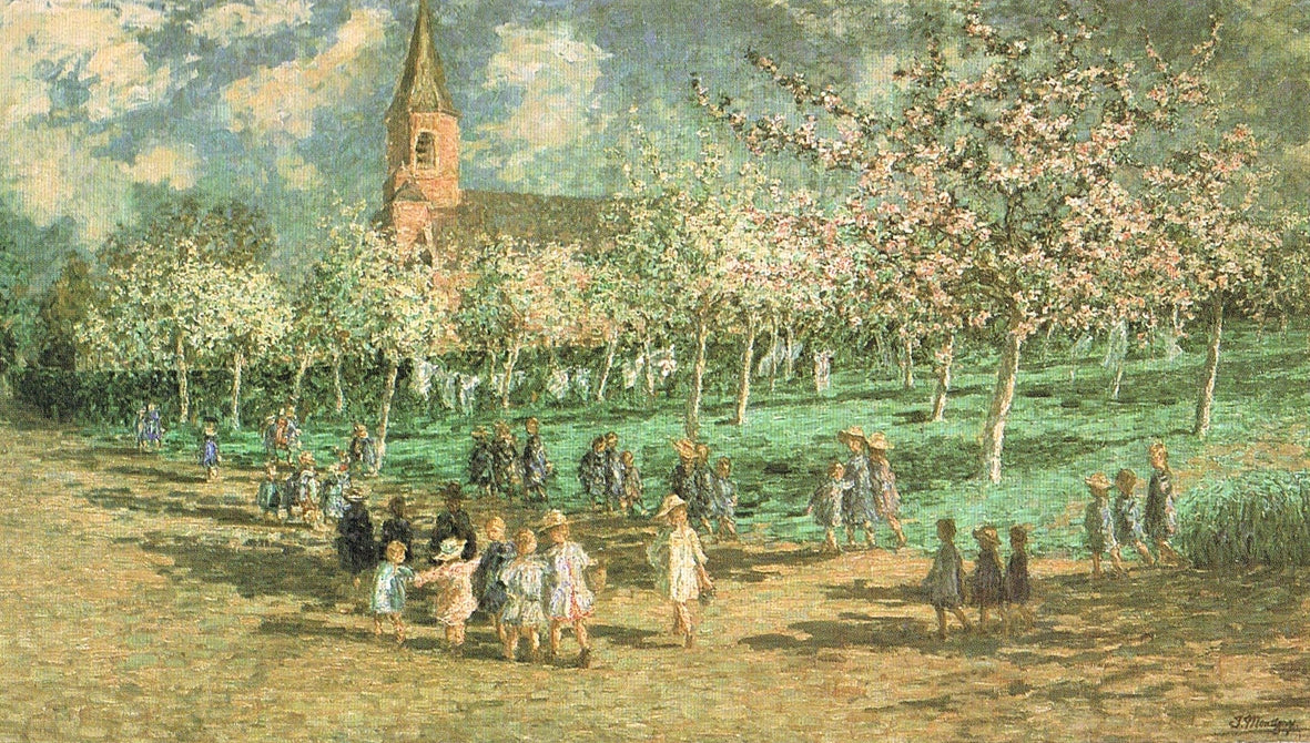 Orchard in Bloom with School Children, vintage artwork by Jenny Montigny, 12x8" (A4) Poster