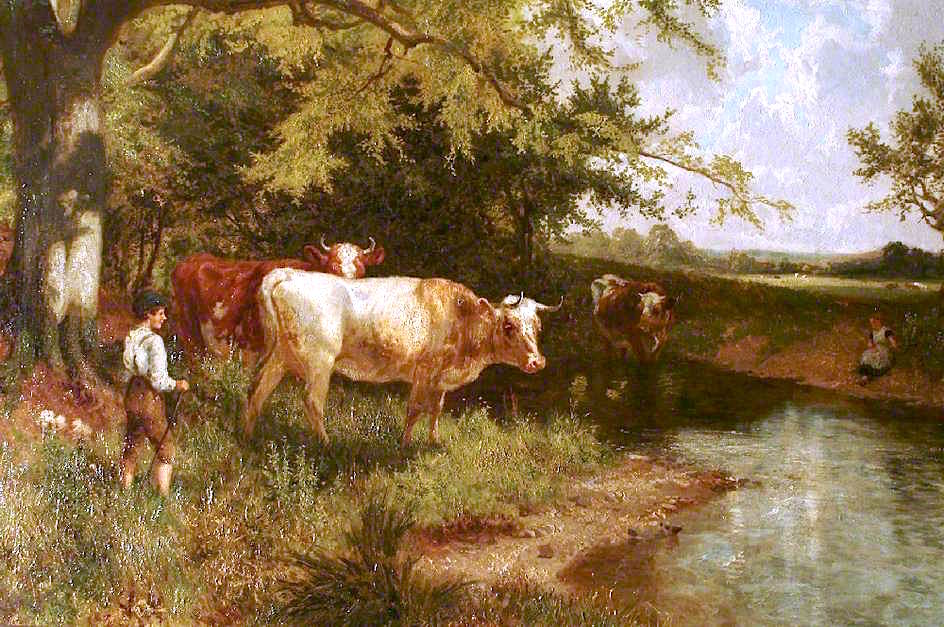 River Mole, Dorking with Cows and Two Figures, Son Robert and Daughter Margaret, vintage artwork by Charles Collins, II, 12x8" (A4) Poster