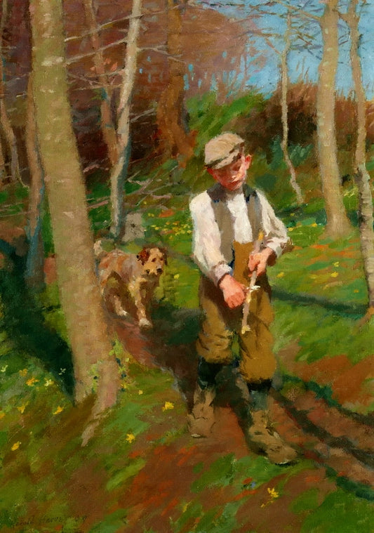 Boy Whittling a Stick, vintage artwork by Harold Charles Francis Harvey, 12x8" (A4) Poster