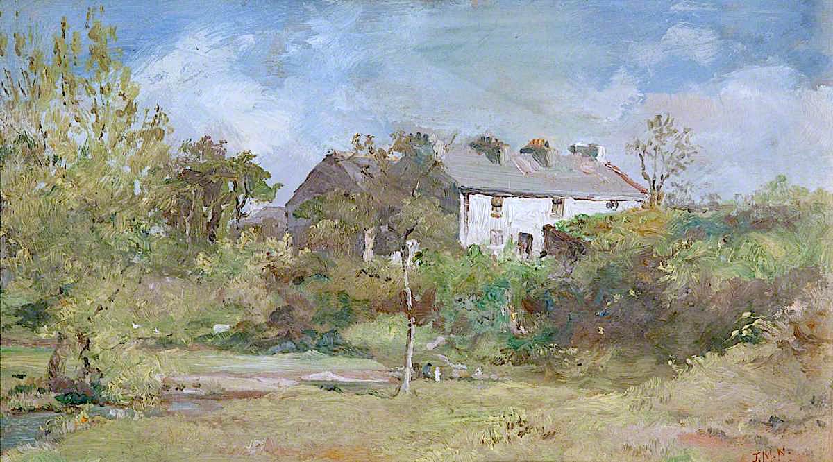 Cottages at Union Mills, Braddan, vintage artwork by John Miller Nicholson, 12x8" (A4) Poster