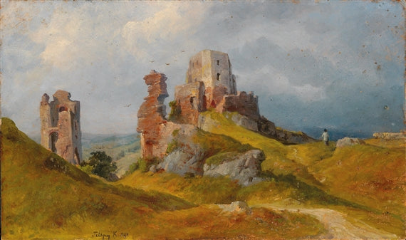 Walker in an Open Landscape with Ruins, vintage artwork by Károly Telepy, 12x8" (A4) Poster