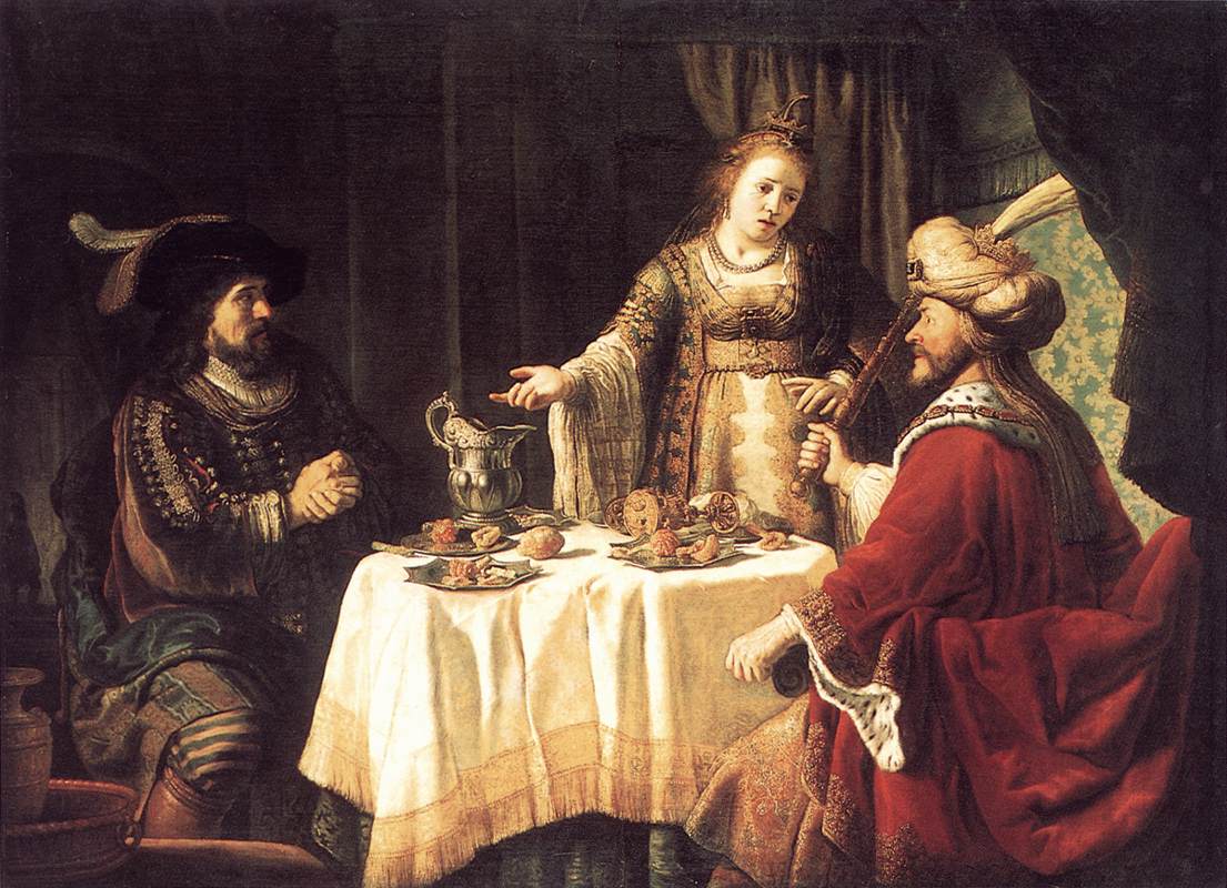 The Banquet of Esther and Ahasuerus, vintage artwork by Jan Victors, 12x8" (A4) Poster