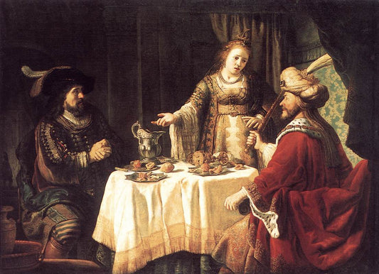 The Banquet of Esther and Ahasuerus, vintage artwork by Jan Victors, 12x8" (A4) Poster