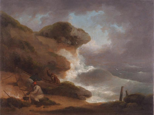 Fisherman Cooking while Others Repair a Boat in the Storm, vintage artwork by George Morland, 12x8" (A4) Poster