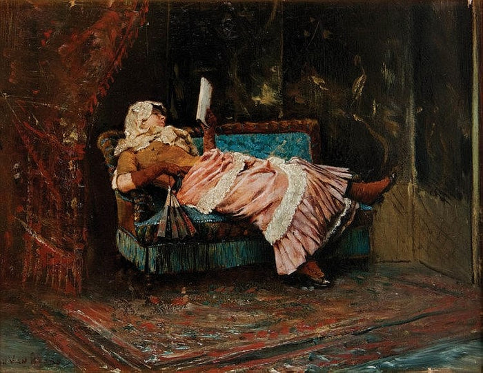 An Elegant Lady Resting on a Settee, vintage artwork by Jan van Beers, 12x8" (A4) Poster