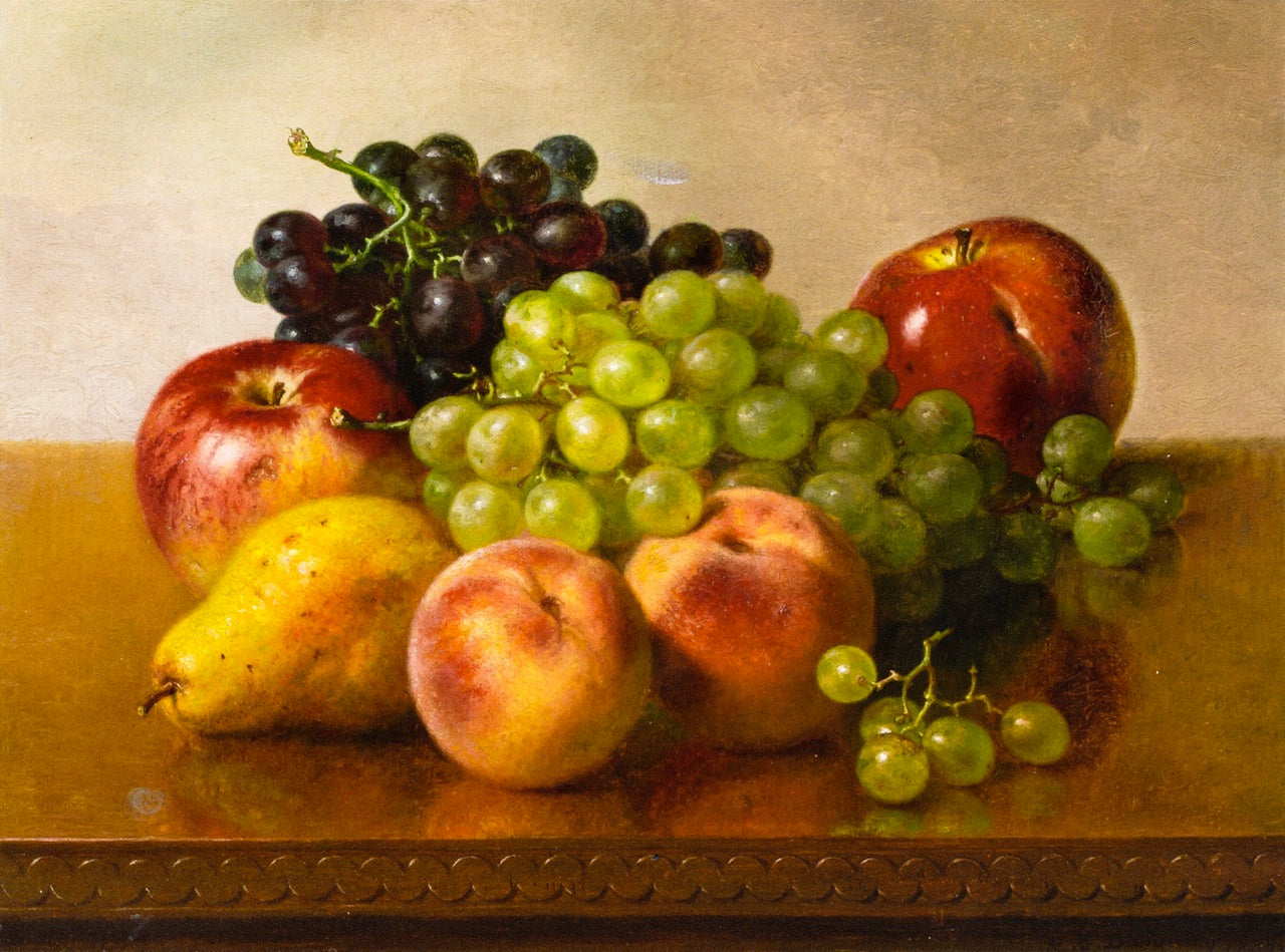 Still Life with Apples, Grapes, Peaches and Pear, vintage artwork by Robert Spear Dunning, 12x8" (A4) Poster