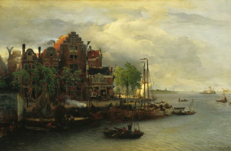 Evening Mood in a Dutch Harbour, vintage artwork by Andreas Achenbach, A3 (16x12") Poster Print