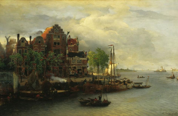 Evening Mood in a Dutch Harbour, vintage artwork by Andreas Achenbach, A3 (16x12