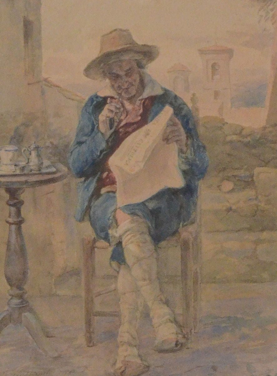 Elder Man Seated Reading the Unita Cattolica on his Veranda, vintage artwork by Vincente Capobianchi, 12x8" (A4) Poster