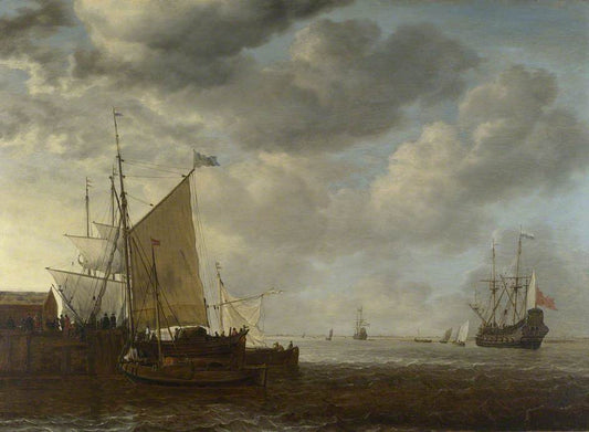 A View of an Estuary with Dutch Vessels at a Jetty and a Dutch Man-of-War at Anchor, vintage artwork by Simon de Vlieger, 12x8" (A4) Poster