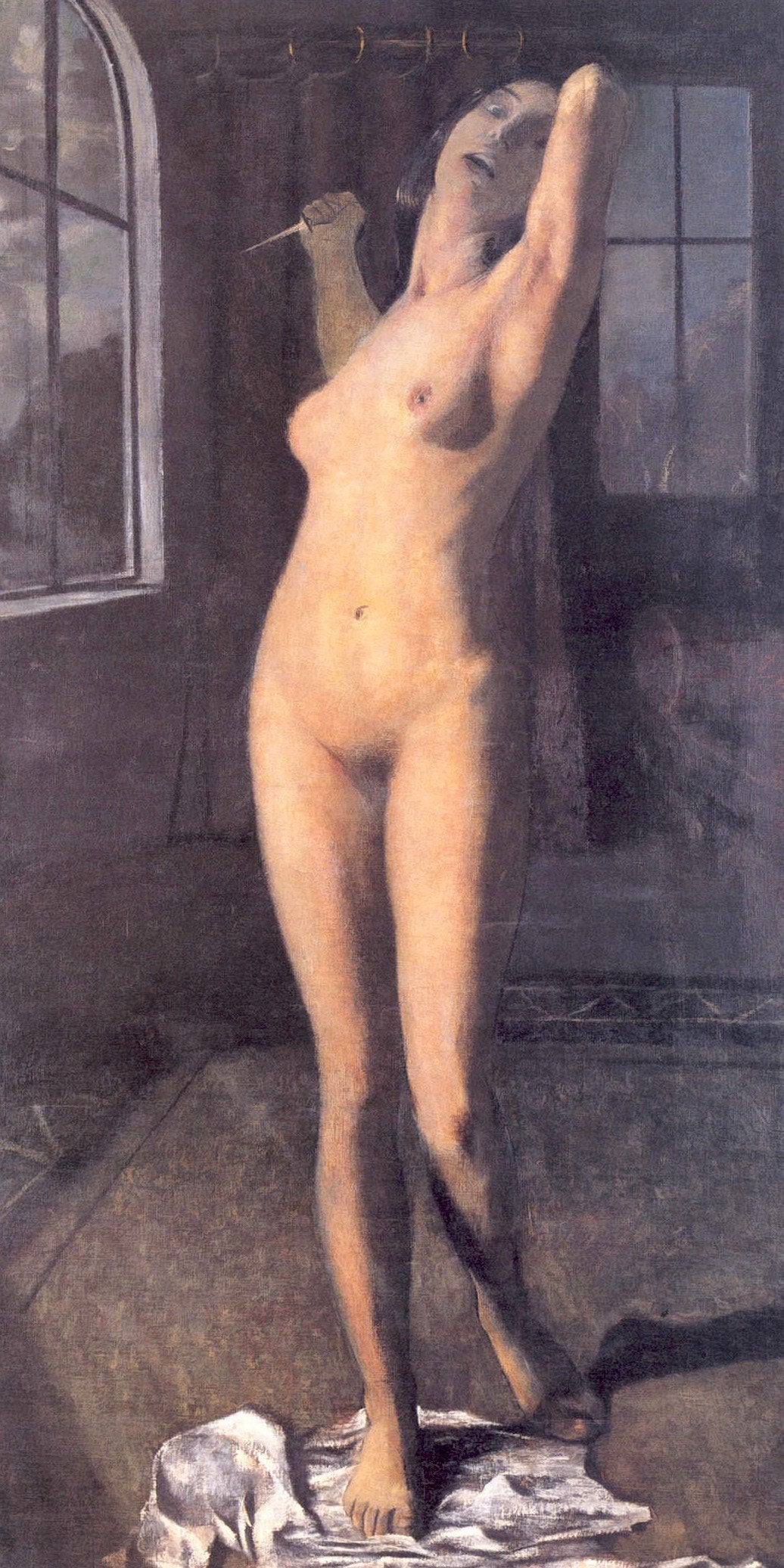 Standing Female Nude with a Dagger, vintage artwork by Otto Mueller, 12x8" (A4) Poster