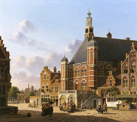 A Busy Town Square, Holland, vintage artwork by Jan Hendrick Verheyen, 12x8" (A4) Poster
