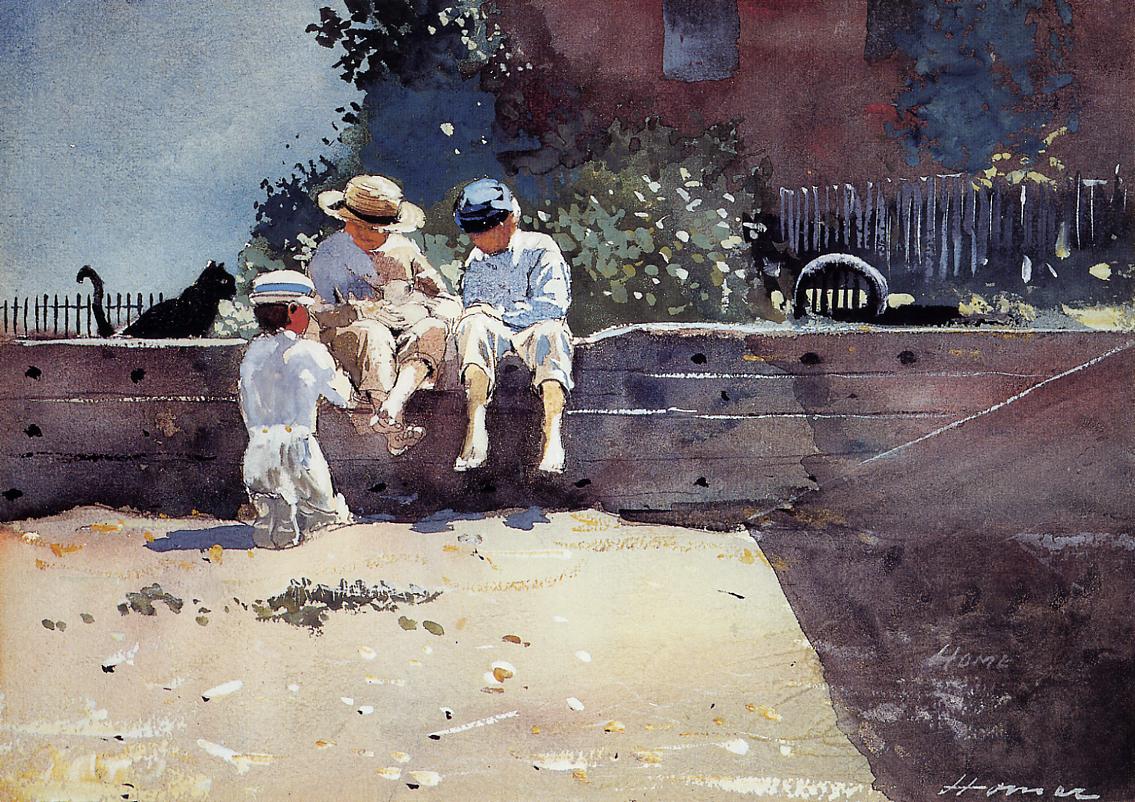 Boys and Kitten, vintage artwork by Winslow Homer, 12x8" (A4) Poster