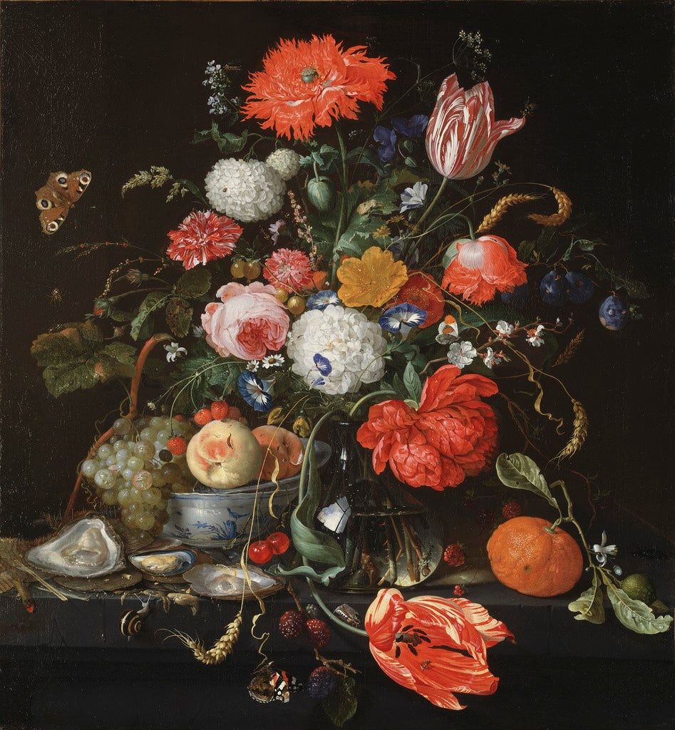 Flower Still Life with a Bowl of Fruit and Oysters, vintage artwork by Jan Davidsz. de Heem, 12x8" (A4) Poster