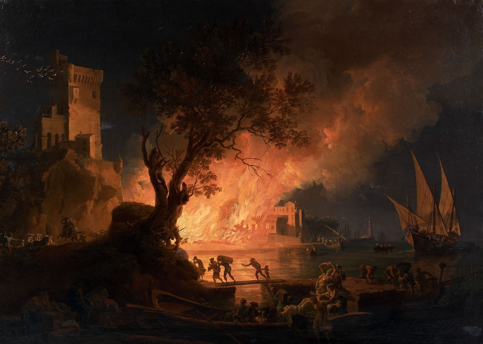 Fire in a harbor around Naples, vintage artwork by Pierre-Jacques Volaire, 12x8" (A4) Poster
