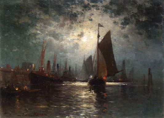 Moonlight at Greenport, vintage artwork by Edward Moran, 12x8" (A4) Poster