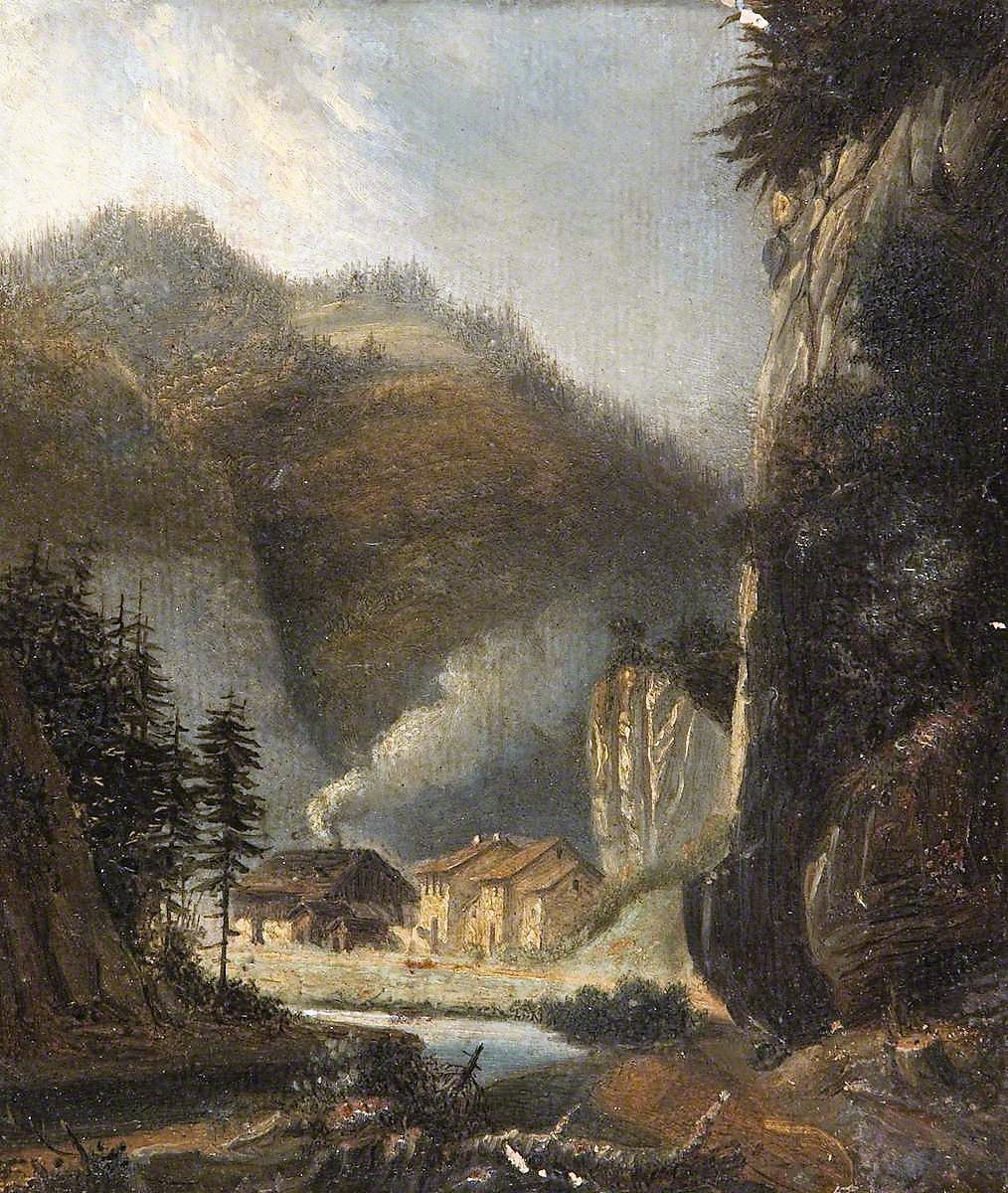 Subalpine Valley Scenery with a Village Below, vintage artwork by Henrietta Chatterton, A3 (16x12") Poster Print
