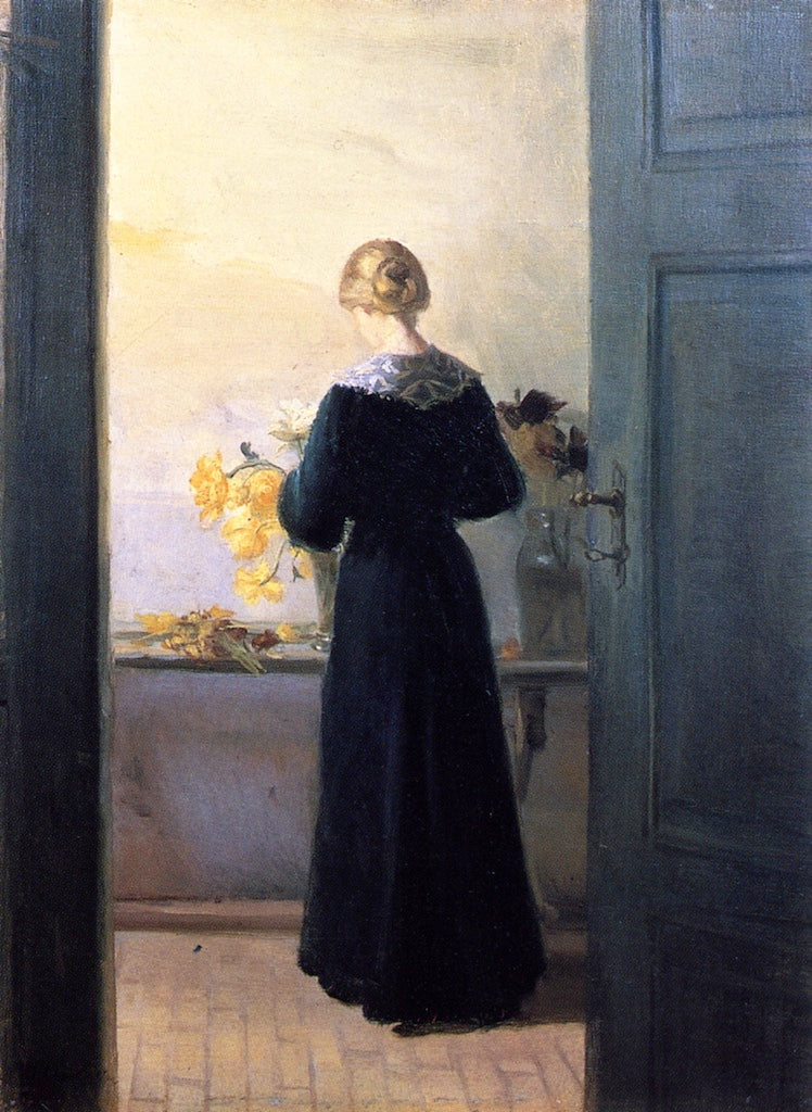 Young Woman Arranging Flowers, vintage artwork by Anna Ancher, 12x8" (A4) Poster