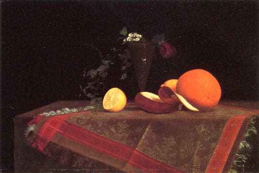 Still Life with Fruit and Vase of Flowers, vintage artwork by Edwin Augustus Moore, 12x8" (A4) Poster