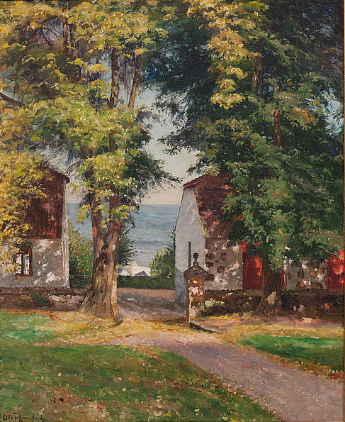 Farm with Sunlit Trees on the Coast, vintage artwork by Olof Krumlinde, 12x8" (A4) Poster