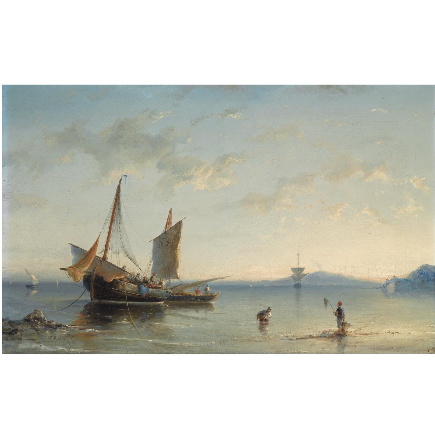 Fishermen in the Bay of Naples, vintage artwork by Nicolaas Riegen, 12x8" (A4) Poster