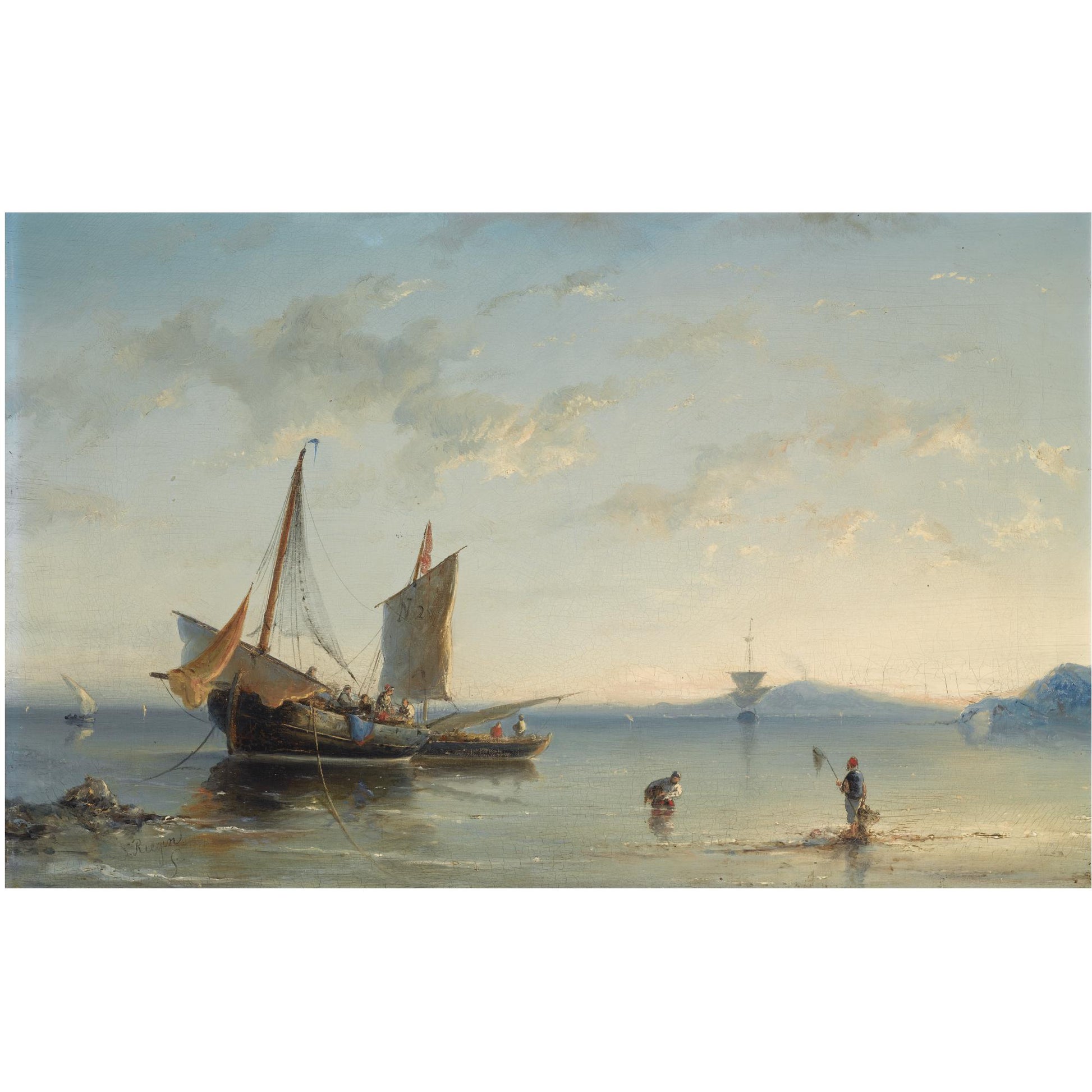 Fishermen in the Bay of Naples, vintage artwork by Nicolaas Riegen, 12x8" (A4) Poster