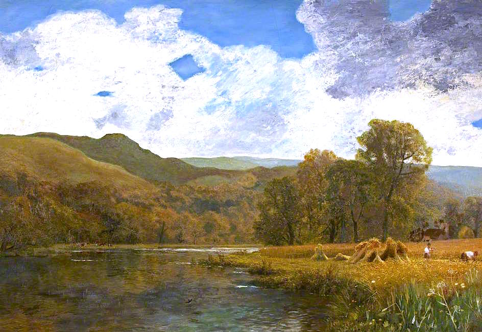 Welsh River Landscape with Harvesters, vintage artwork by George Vicat Cole, 12x8" (A4) Poster