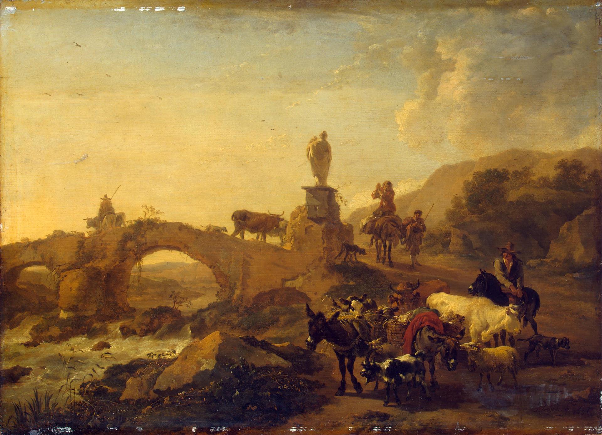 Italian Landscape with a Small Bridge, vintage artwork by Nicolaes Berchem, 12x8" (A4) Poster