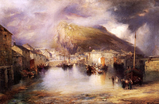 An English Fishing Village, Polperro, Cornwall, vintage artwork by Thomas Moran, 12x8" (A4) Poster