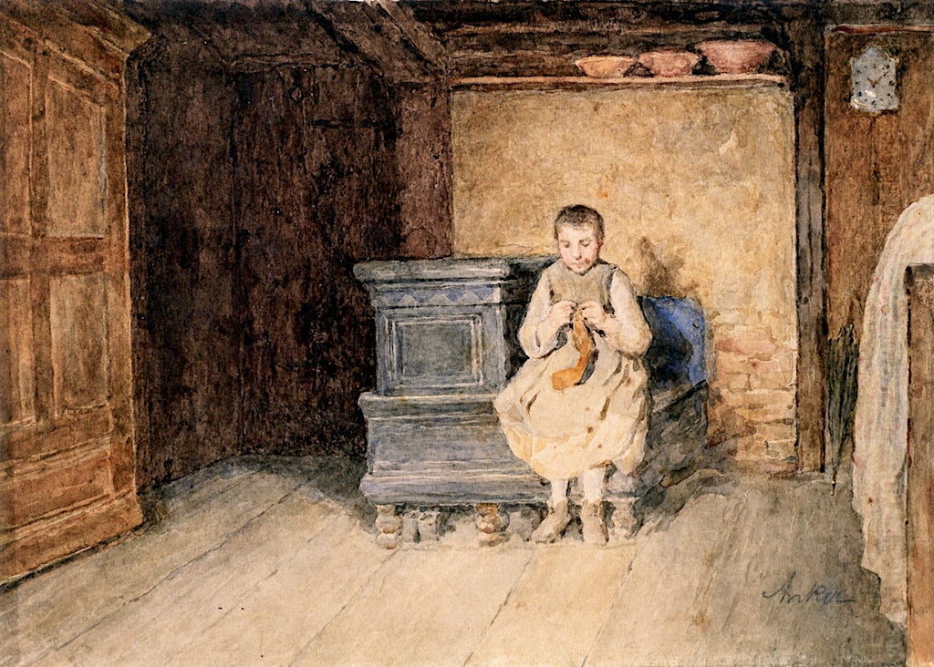 Girl Seated on a Bench Knitting, vintage artwork by Albert Anker, 12x8" (A4) Poster