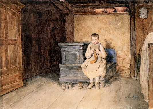 Girl Seated on a Bench Knitting, vintage artwork by Albert Anker, 12x8" (A4) Poster