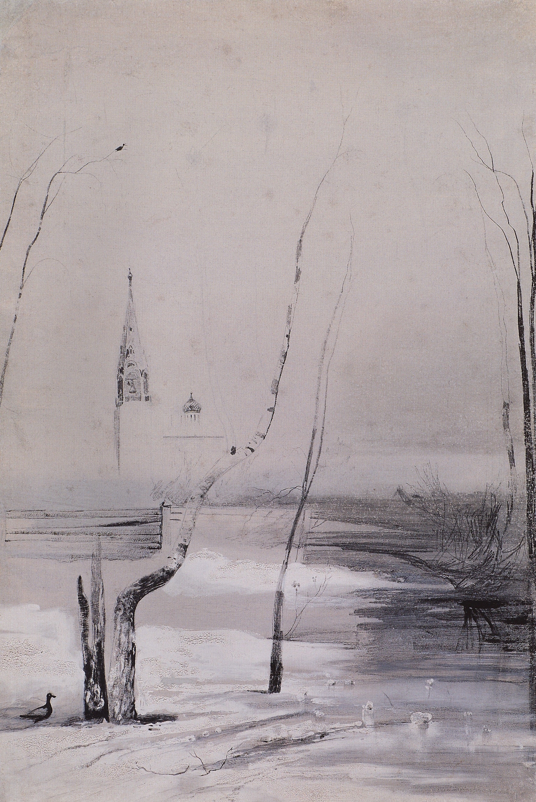 Landscape with a Church and Belltower, vintage artwork by Alexei Kondratyevich Savrasov, 12x8" (A4) Poster