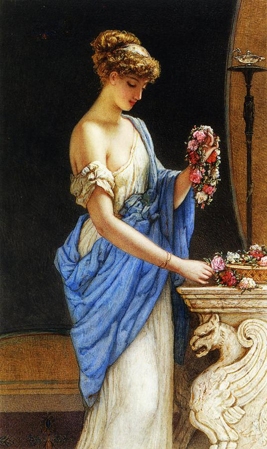 A Girl in Classical Dress Arranging a Garland of Flowers, vintage artwork by James Sant, R.A., A3 (16x12") Poster Print