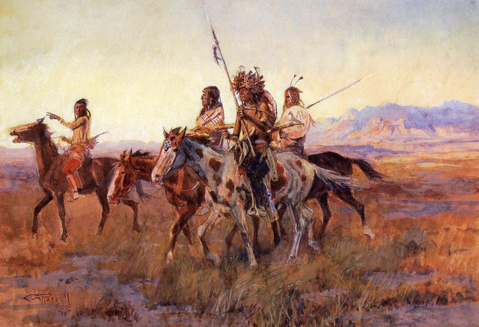 Four Mounted Indians by Charles Marion Russell,A3(16x12